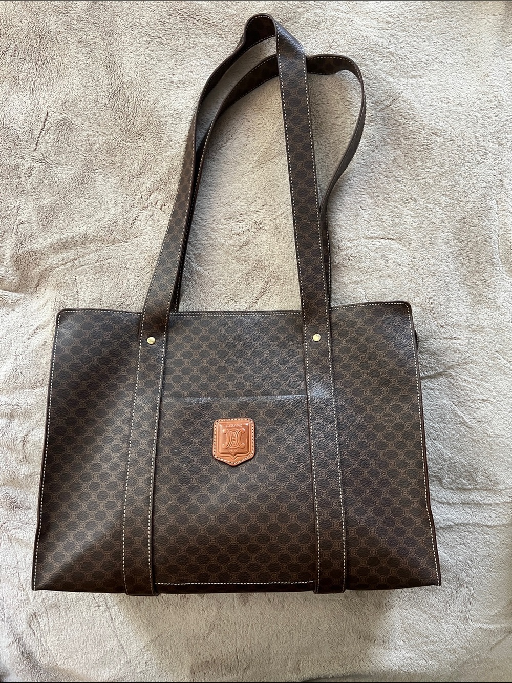 Celine Brown Patterned Leather-Accent Tote